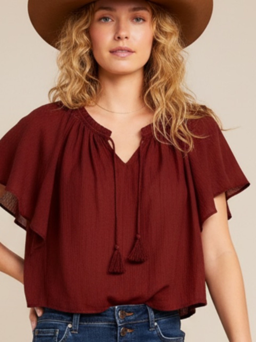NWT Breezy Burgundy Crinkle Gauze Blouse